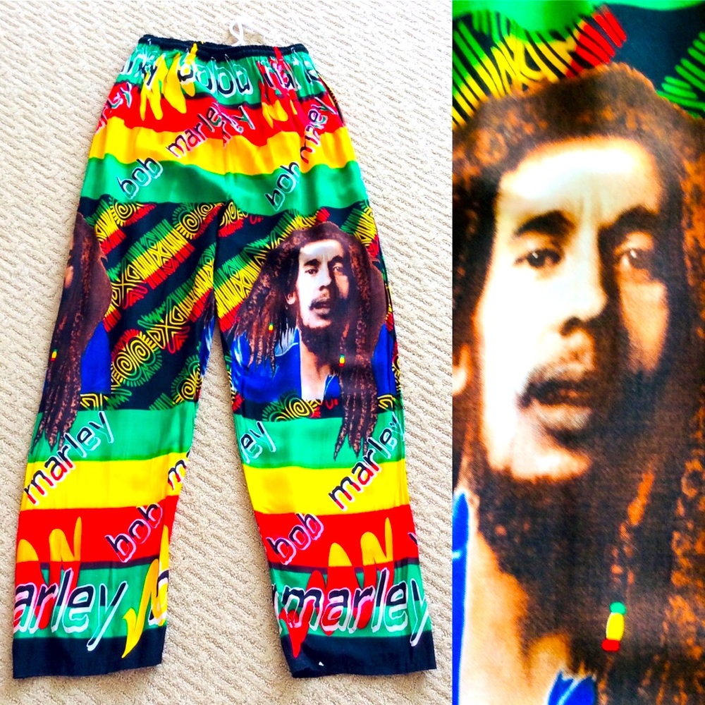 Fun Colorful BOB MARLEY Reggae Print Casual High Rise Festival Style PANTS S / M